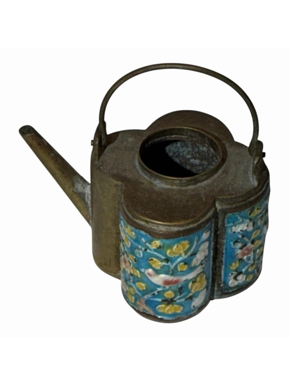 VTG Chinese Cloisonne Brass Calligraphy Water Dropper Bird Floral Quatrefoil HTF